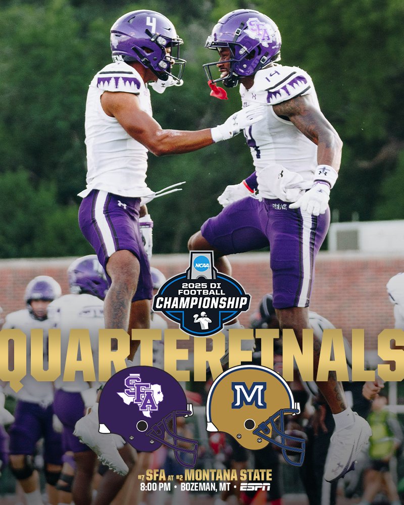 SouthlandSports's tweet photo. QUARTERFINAL STAGE. BIG SKY SPOTLIGHT.

SFA heads to Bozeman with everything on the line, battling Montana State in the FCS Quarterfinals under the Friday night lights — 8 PM CT on ESPN.