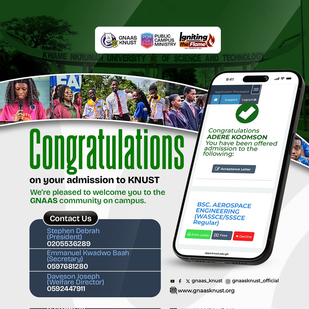 📍📍📍Dear Freshers📍📍📍

Huge congratulations on securing a spot at KNUST! 
We're GNAAS KNUST, your Seventh Day Adventist community on campus. Our mission is to support your spiritual, academic, and social growth. 
Join our WhatsApp group:
chat.whatsapp.com/G0YnthtqdHM2Bl…