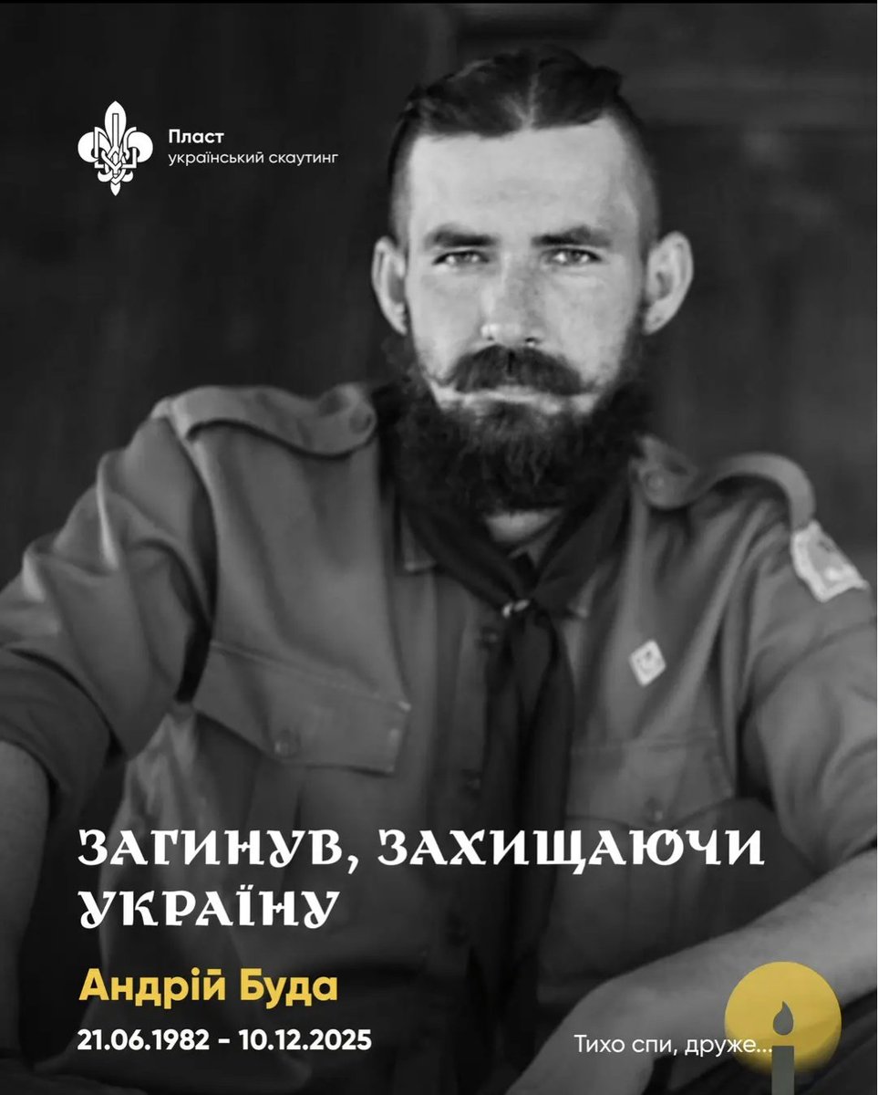 OlenaHalushka's tweet photo. One more brave beautiful life fell defending Ukrainians' right to exist. 

Andriy Buda was a member of @plast, and an active participant of the Orange Revolution and the Revolution of Dignity. He volunteered to defend Ukraine in 2014 and rejoined the army in 2022. Andriy took part in the fiercest battles of the Donetsk region. He was killed in action on Dec 10. 

Rest in peace and glory, Andriy.