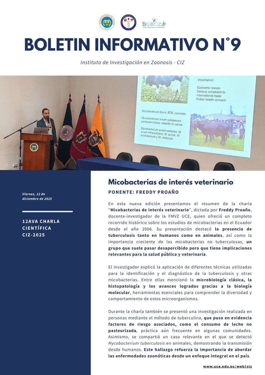 📰¡𝐁𝐨𝐥𝐞𝐭𝐢́𝐧 𝐂𝐢𝐞𝐧𝐭𝐢́𝐟𝐢𝐜𝐨 𝐂𝐈𝐙 𝐍.º 𝟗 𝐝𝐢𝐬𝐩𝐨𝐧𝐢𝐛𝐥𝐞!
Ya puedes leer el resumen de la #CharlaCientíficaCIZ #12. Un boletín que destaca la importancia de estas bacterias 🧬🐾

📲 Léelo aquí: uce.edu.ec/web/ciz/archiv…...

#BoletínCientíficoCIZ #SomosCIZ