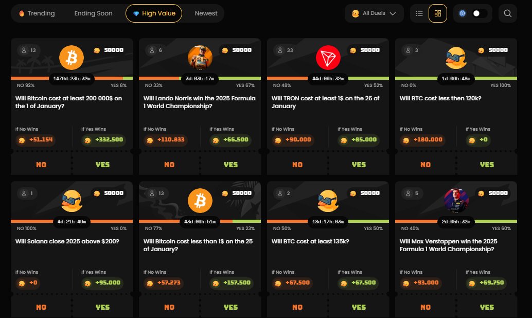 Stickys2K's tweet photo. Bro… I’m pretty damn sure some of you already feel like you're absolute geniuses just because you won a couple predictions on Duel Duck. One tiny win and suddenly you think your brain is some legendary psychic machine. @duel_duck 

But let’s be honest for a second.
Those rewards you got… were they big?
Come on, don’t start lying now. Those rewards were so tiny they probably apologized for existing. Seriously, if rewards could talk, they’d say “Sorry dude, this is all I’ve got.”

So listen carefully.

If you actually think you’ve got real guts and not just loud mouth energy, go straight to the High Value page on Duel Duck. That’s where the real prizes live. Not pocket change. Not kiddie snacks. Actual big rewards that might even make you smile in your sleep.

But don’t pretend to be shocked. Big rewards mean big risks. If your mental strength is as fragile as wet tissue, don’t force it. Stay in the low-tier playground where the tiny rewards won’t scare your soul out of your body.

But if you’re like, “I’M READY,”
if your spine isn’t made of jelly, if your brain actually functions for more than decoration…
Then go for it.
Seriously, what are you waiting for? A handwritten invitation from the universe?

Join check @duel_duck  and join now. If not, fine, go enjoy staying in rookie mode forever. 🦆🦆🦆 QUACK