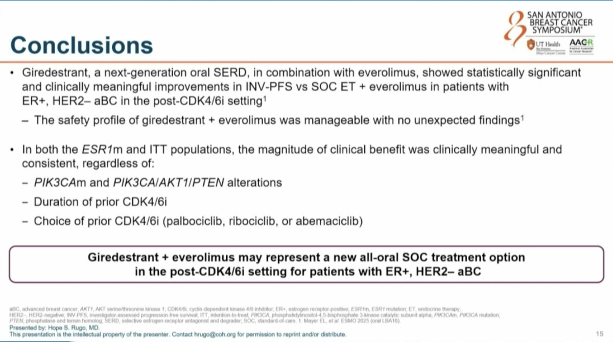 MVanMeterMD's tweet photo. evERA subgroup analysis: oral SERD giredestrant or SOC ET + everolimus after prior CDK4/6i. 55% with mESR1. 47% prior fulvestrant. Benefit maintained in PIK3CA/AKT1/PTEN pathway alteration, prior CDK4/6i.
@hoperugo of @cityofhope #SABCS25 https://t.co/EVK42JWUqS