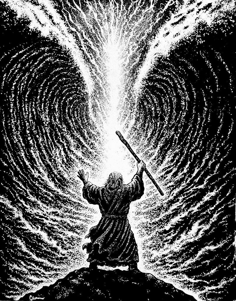 “And Moses stretched out his hand over the sea… and the waters were divided… Thus the Lord saved Israel that day out of the hand of the Egyptians.”
— Exodus 14:21, 30

Moses Parting the Sea
Ink on paper, 11x14”