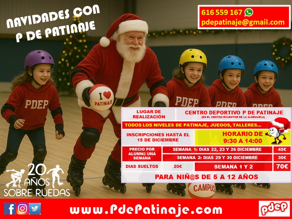 📣AMPLIAMOS 🚨 EL PERIODO DE INSCRIPCIÓN HASTA AGOTAR LAS PLAZAS, QUEDAN MUY POCAS‼️
🎄🎅👑CAMPUS de P de Patinaje estas Navidades 
✅ Si no tienes patines, protecciones o casco, te los alquilamos, consultanos la disponibilidad.📣
#DiasSinCole
#PatinaYDisfruta