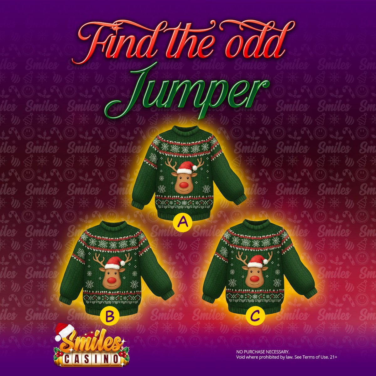 SmilesCasino's tweet image. Christmas Jumper Edition! 🎄
One of these jumpers has a tiny detail that’s different… can you spot which one?

Comment + RT to enter!

🎁 10 Smilers will each get 10,000 GC + 1 SC
⏰ Ends December 14 at 11:59 PM PT.