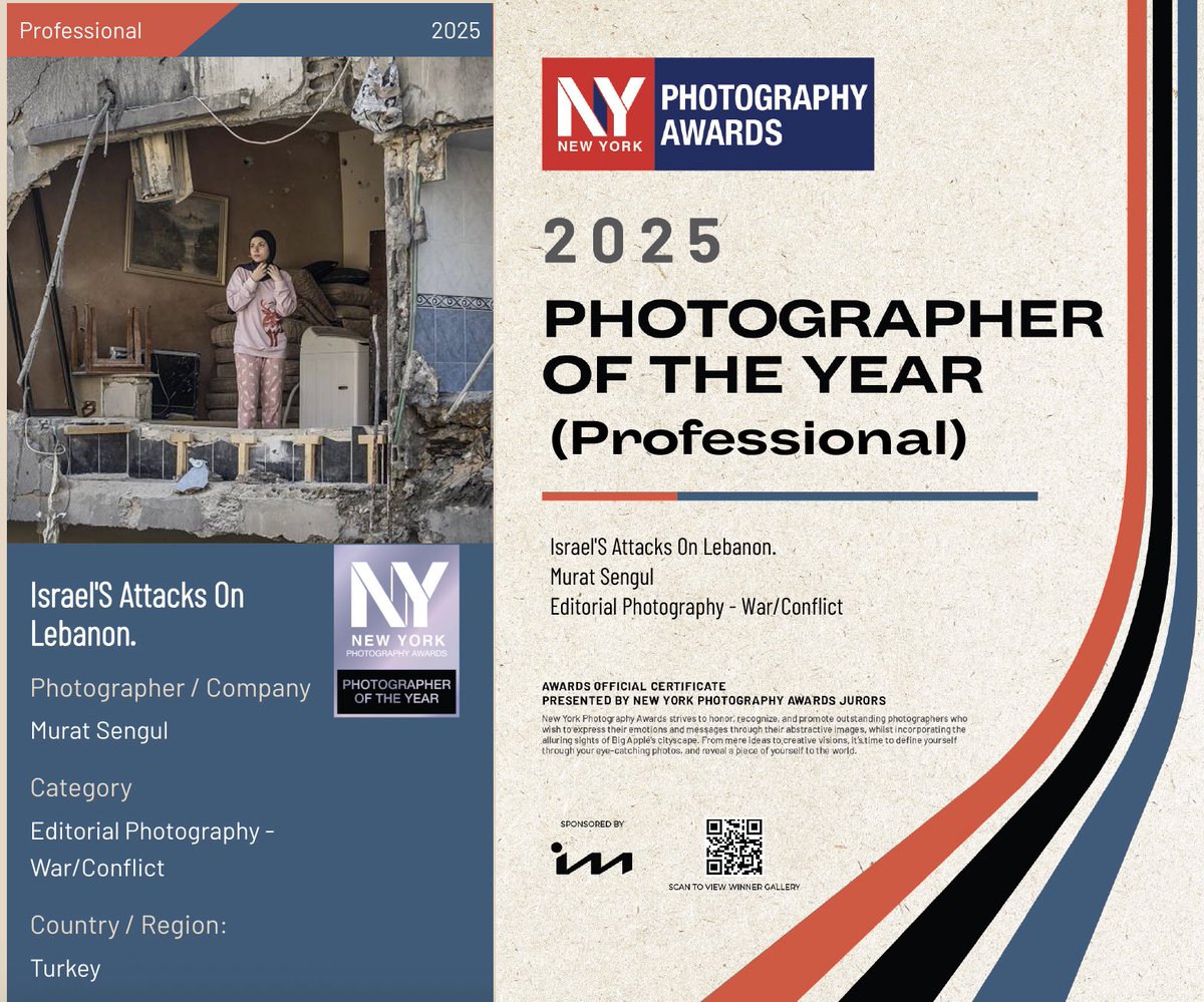 aunlupinar's tweet photo. Anadolu Ajansı’nın uluslararası alandaki fotoğraf başarısı sürüyor.

New York Photography Awards’da
• Kıdemli Fotomuhabirimiz Murat Şengül (@MuratSengul_ ), “Israel’s Attacks on Lebanon” başlıklı çalışmasıyla Yılın Fotoğrafçısı (Photographer of the Year) seçildi.
• Fotoğraf Haber Müdür Yardımcımız Aytaç Ünal (@aytcunal) ise spor kategorisinde Gümüş Ödül (Silver Winner) kazandı.

AA’nın küresel haber fotoğrafçılığındaki gücü, her geçen gün daha da yükseliyor.