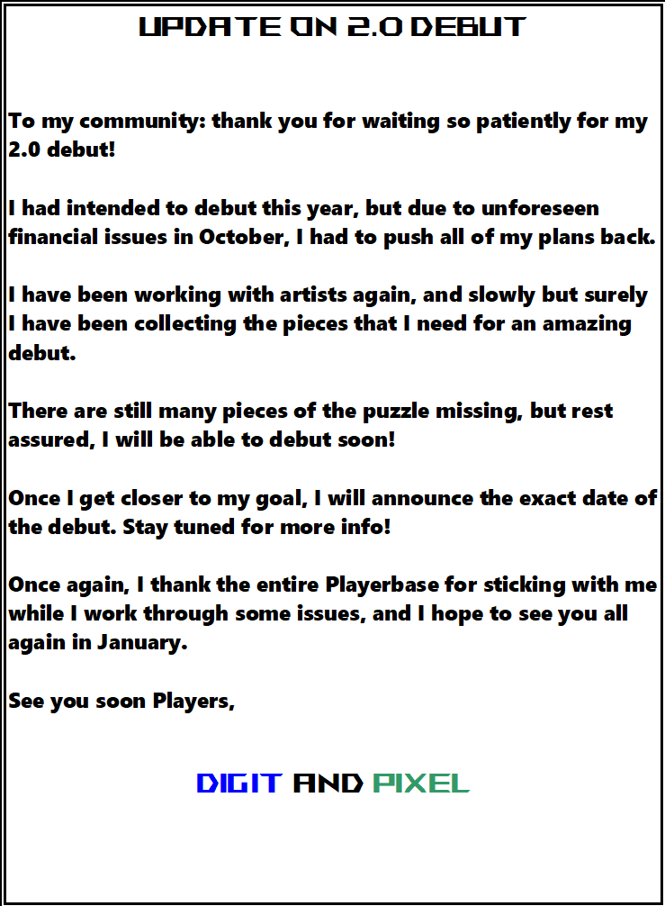 Hope everyone has been well! I have been on a bit of a personal health hiatus for a little while now, and I just wanted to give everyone an update!

I will return to streaming in January, after the holidays. 2.0 Debut will be moved to early 2026. See below:

#Vtuber #ENVtuber