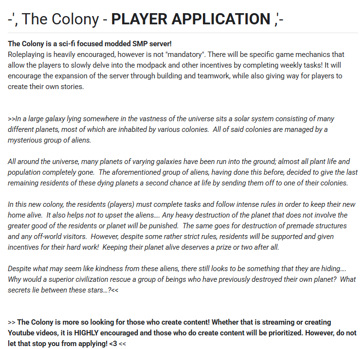TheColonySMP's tweet image. Hello!
Today we extend an offer to be apart of The Colony residents! Player applications will be open from today and over the next 1-2 weeks.
Please click the link in the replies to apply.