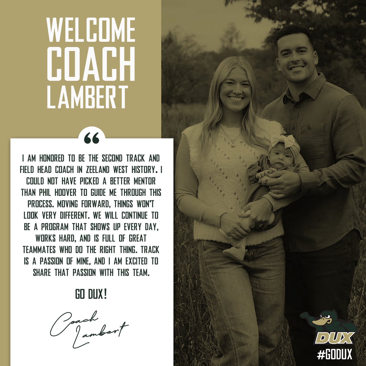 duxsports's tweet photo. Join us in welcoming Jordon Lambert as our next Boys Track and Field Coach! #godux https://t.co/CX9JNbzZYp