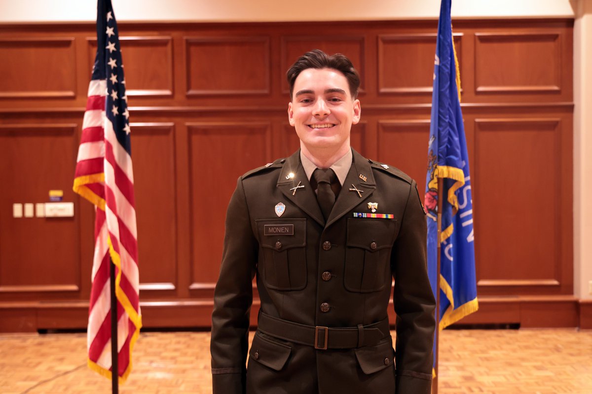 UWSPROTC's tweet photo. Congratulations to Pointer cadet Carraigh Monien who was commissioned as a second lieutenant during a ceremony Friday, Dec. 12. He will begin active duty as an infantry officer at Fort Benning (GA). #UWSP https://t.co/E77NXD6AvK