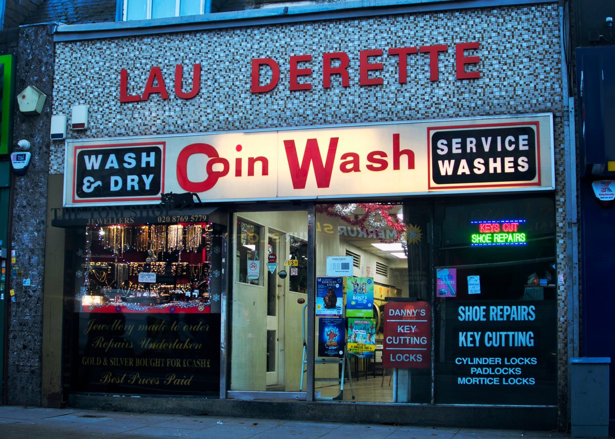 sixthland's tweet photo. A lovely vintage Launderette on Streatham High Road.

#launderette #retro #laundry #coinwash #jewellers #shoerepairs #keycutting #streathamhighroad https://t.co/gRAPxdbqvF
