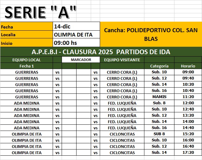 🤾🏼‍♀️🏆🇵🇾 BALONMANO 
Aquí está la programación de la Serie A del Clausura de la Asociación Paraguaya de Escuelas de Balonmano Infantil (APEBI) cuya sede será el Polideportivo del Colegio San Blas de Itá.