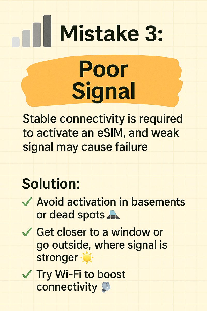 Mede_eSIM's tweet image. eSIM Activation Failed? Avoid These 3 Common Mistakes 
⚡️eSIM frees up your internet connection—but a failed activation is so frustrating! 
😵‍💫Don’t stress—skip these 3 pitfalls, and you’ll get your eSIM up and running in no time! ✅#medeesim #eSIMtips #traveltech  #internethack