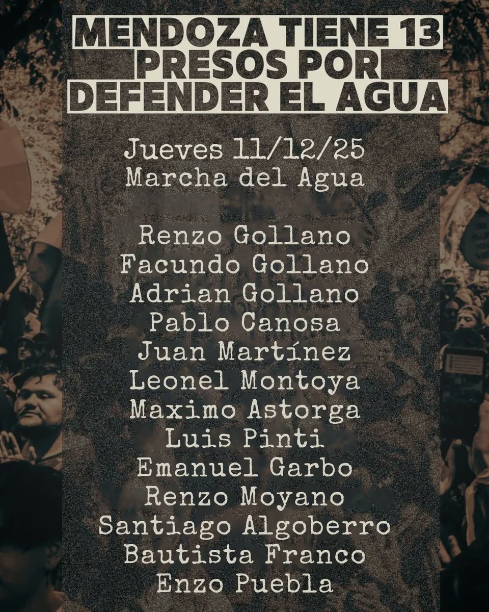 Ya liberaron a Bautista Franco y Santiago Algoberro pero aún hay 11 detenidos en Mendoza por orden del gobernador Cornejo. Criminalizan la defensa el agua contra las mineras. 
LIBERTAD A LOS PRESOS POR LUCHAR.