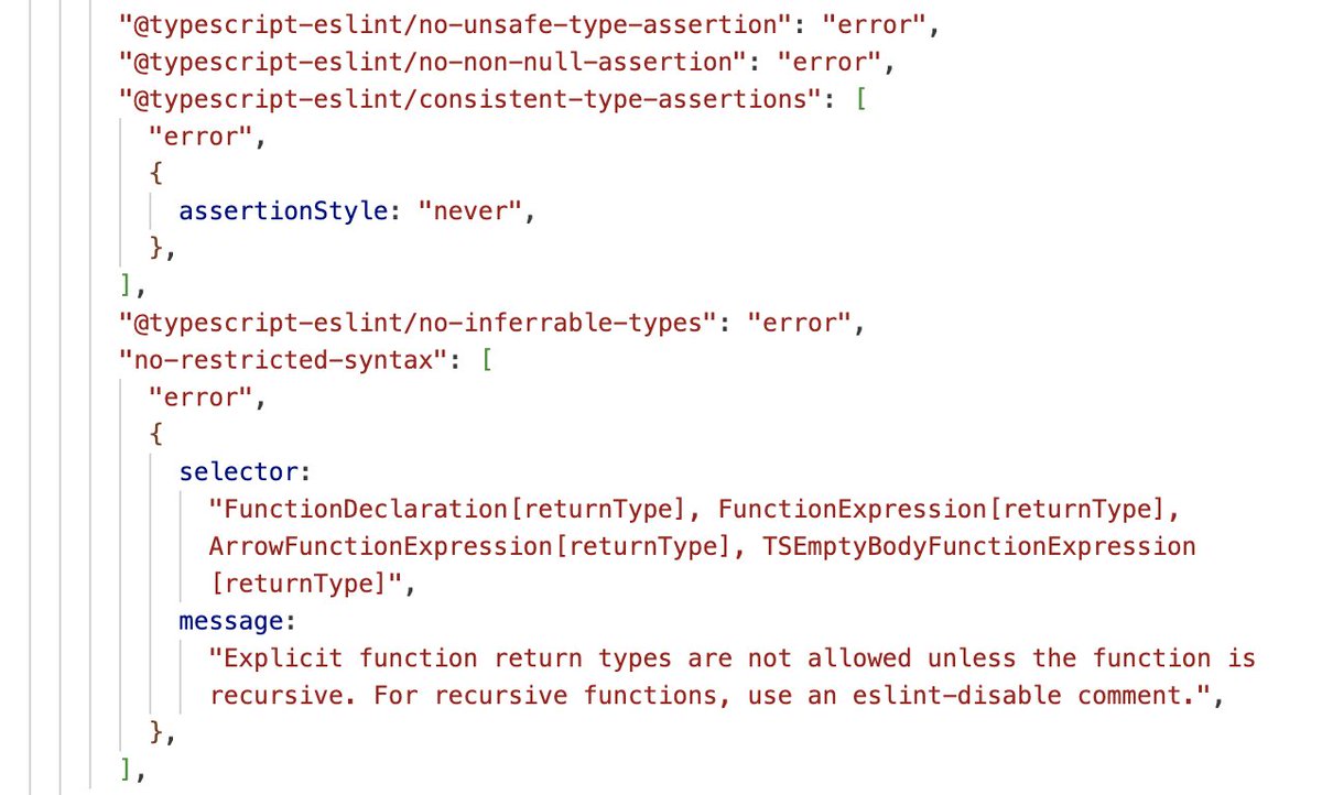 jonfleck's tweet photo. @ryanflorence @adamwathan @leerob I've added a bunch of eslint rules to keep LLMs from doing annoying stuff with types 🛑 https://t.co/uXpK8nwH74