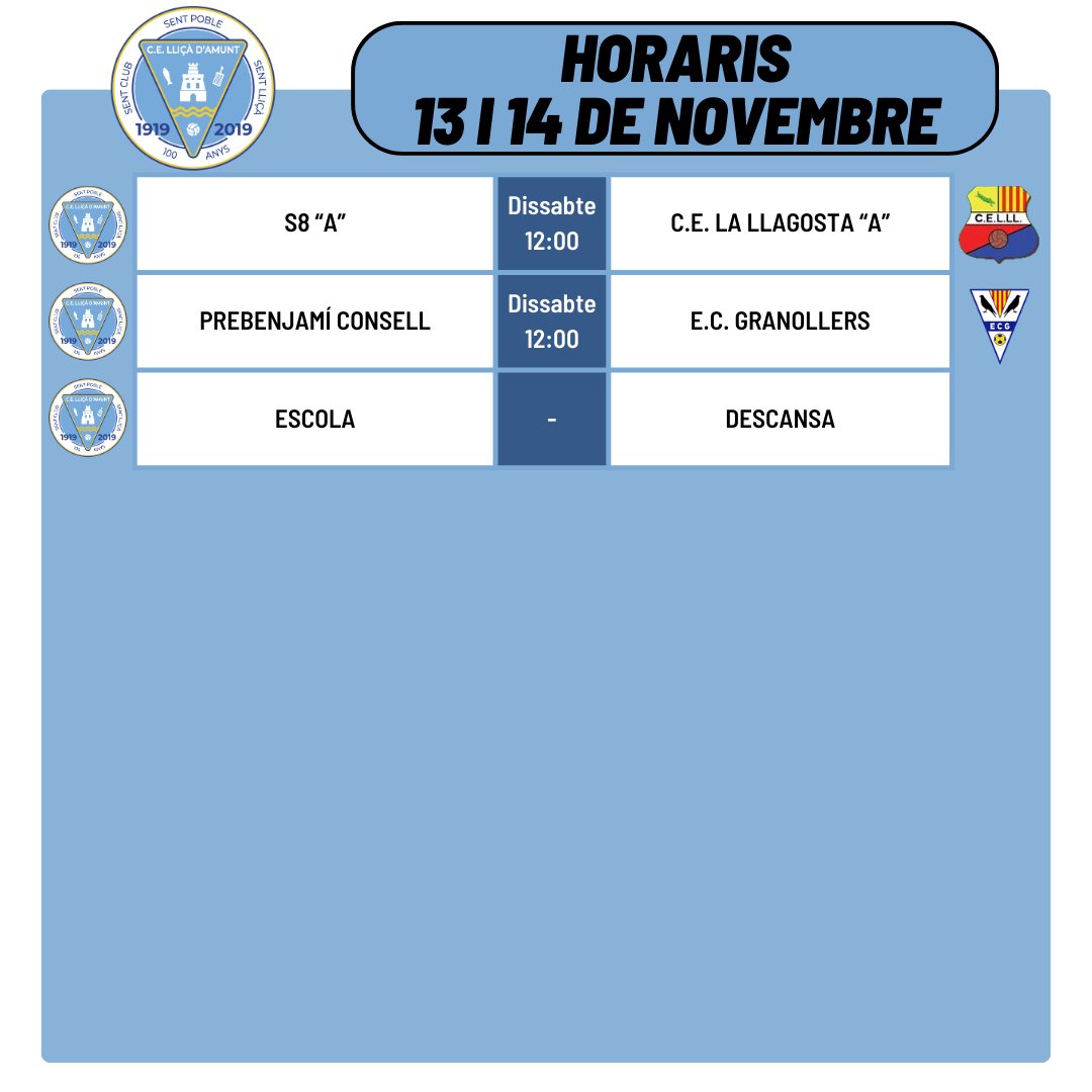 Horaris dels partits d'aquest cap de setmana!

#somlliçà🔵⚪