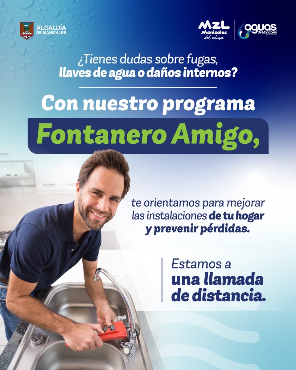 Desde Aguas de Manizales trabajamos para fortalecer el uso eficiente del recurso y mejorar la experiencia en tu hogar. Fontanero Amigo es un programa creado para orientarte sobre fugas y daños internos, garantizando una atención cercana y oportuna. Solicítalo en la línea 116.*TyC