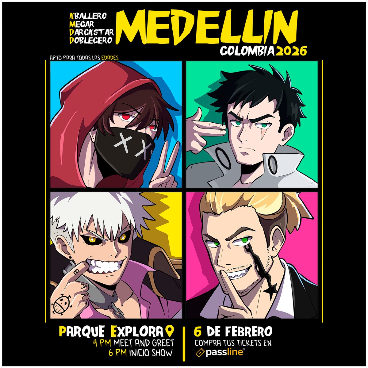 🟡🔵🔴¡Ven al concierto este 6 de Febrero en Medellín, Colombia! 🟡🔵🔴 ¡Junto a <a href="/KballeroRap/">Kballero</a> @MegaRMusic @DarckStar &amp; @DobleCeroRap!  Compra tus entradas aquí passline.com/eventos/frikir…