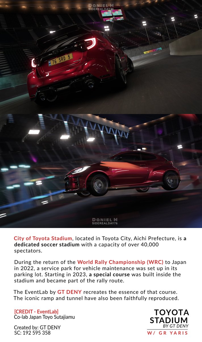 EventLab - Toyota Stadium w/ GR Yaris  
Shot in Forza Horizon 5  

[CREDIT - EventLab]  
Co-lab Japan Toyo Sutajiamu  

Created by: GT DENY (<a href="/GtdenyD/">GTDENY</a>)  
SC: 192 595 358  

#VirtualPhotography  
#ForzaHorizon5