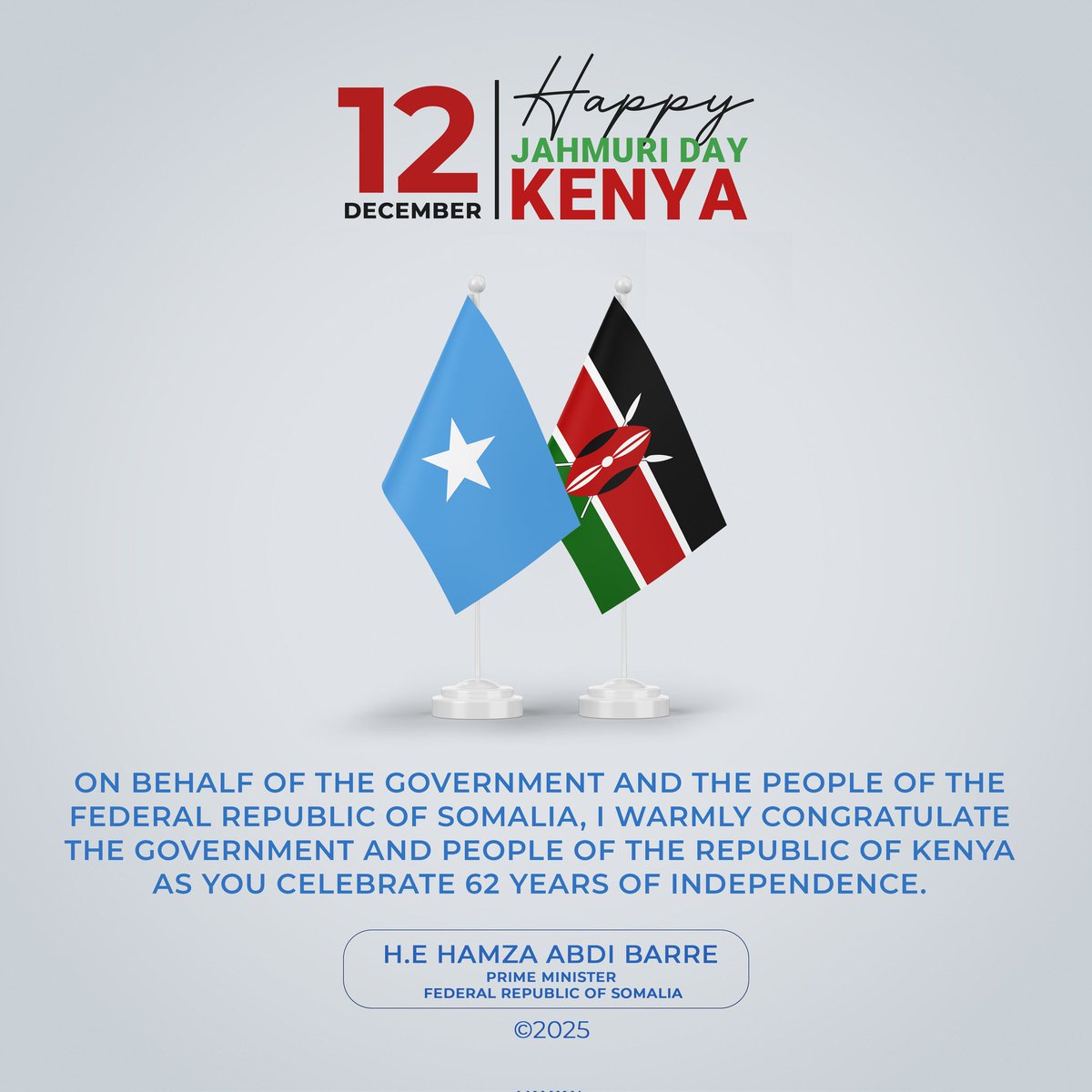 HamzaAbdiBarre's tweet image. As you celebrate 62 years of independence and honour the heroes and heroines who laid the foundations of your Republic with courage and hope, #Somalia stands with #Kenya as a neighbour and partner in the spirit of friendship and shared progress. Happy #Jamhuri Day, Kenyans.