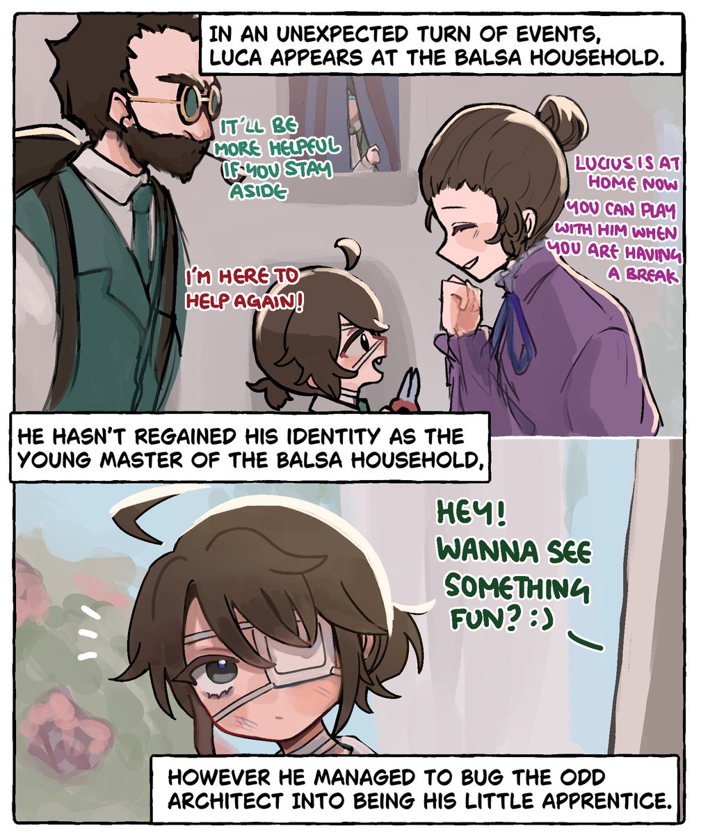 AU ⚔️ ↔️ ⛓️
Mdm Balsa couldn't bring herself to call Richard "Luca", and Richard wouldn't put down the facade so she just called him by another name…
Few years later…
Mdm Balsa is very fond of the lil apprentice (subconsciously he reminds her of her Luca), and Richard…