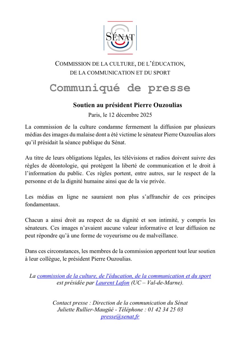 La commission de la culture du Sénat condamne fermement la diffusion particulièrement indigne par plusieurs médias des images du malaise dont a été victime Pierre Ouzoulias alors qu’il présidait la séance publique. 

La liberté d’informer n’autorise ni le voyeurisme ni l’atteinte