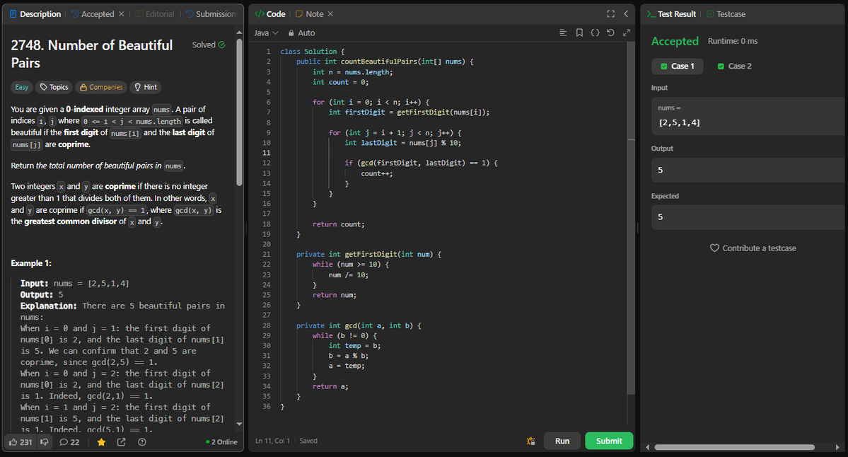 coder_s_Snippet's tweet image. #DailyCodingChallenge
Day 271
Task: Count all index pairs where the first digit of nums[i] and the last digit of nums[j] are coprime.
Solution: Extract first &amp;amp; last digits, check gcd(first, last) == 1 for every (i &amp;lt; j), and count all valid beautiful pairs.
#LeetCode