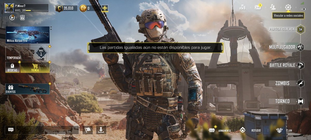 PabloMinor4's tweet photo. @CODMobileLATAM ya llevo algunos días así, no puedo jugar partidas igualadas, soy nuevo usando la App en mi celular! Disculpa mi ignorancia a qué se debe? https://t.co/0aol7ejlNE