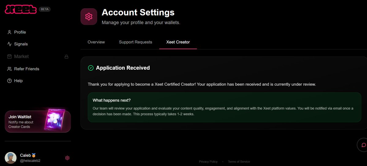I just applied to be a Certified Xeet Creator!

i've heard so many complains with the slashing and all, but i think Xeet's aim is to drive real signal for both creators and brands

super hyped, and i hope i get in.

btw i'm still researching on @xyberinc, stay tuned :)