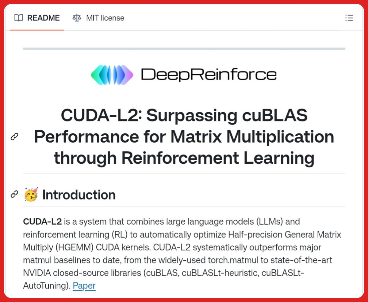 CUDA-L2 utiliza aprendizado por reforço para superar o cuBLAS na multiplicação de matrizes.
Testado em 1000 configuraçõ