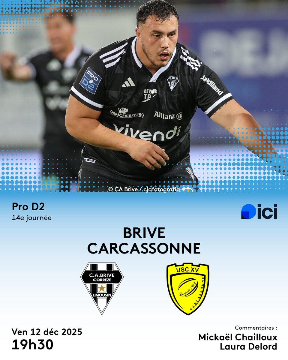 icilimousin's tweet photo. 💥 JOUR DE MATCH 💥
🏉 Le CA Brive reçoit l'US Carcassonne pour la 14e journée de Pro D2
⚪⚫ Coup d'envoi 19h30 heures. Avant match dès 19h20 avec Mickaël Chailloux et Laura Delord aux commentaires 🎙
#ALLEZBRIVE #Rugby #CABUSC 🏉⚫⚪
➡️ https://t.co/z9XKkmx2vP https://t.co/N35s8Oem9p