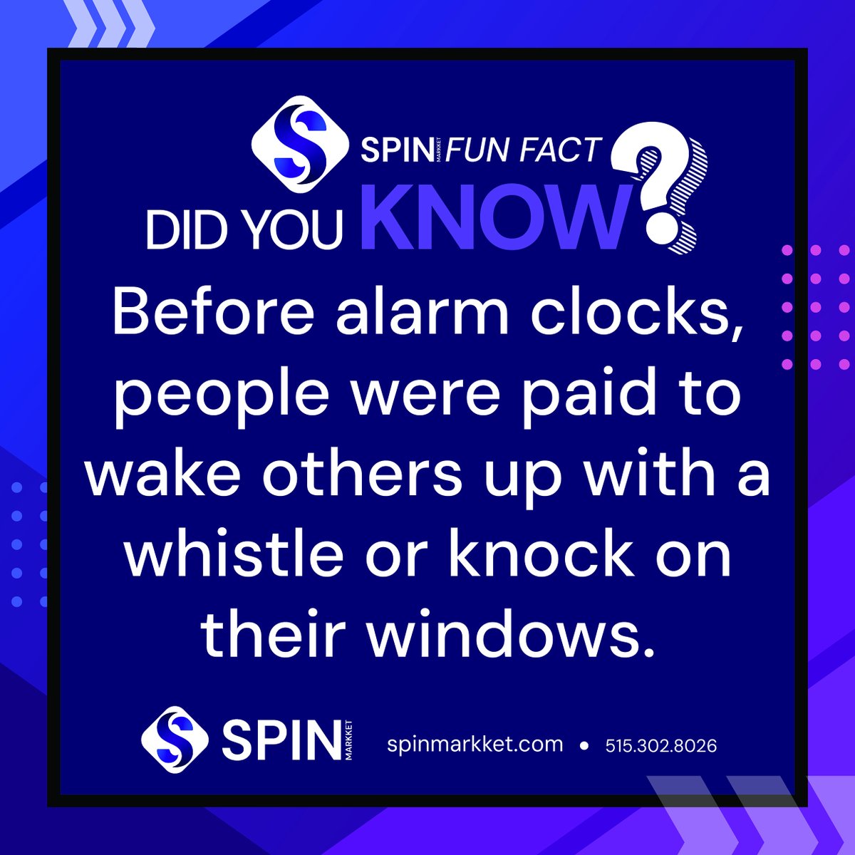 spinmarkket's tweet image. Before alarm clocks were common, “knocker-uppers” were hired to wake people up by tapping on their windows with sticks or blowing whistles. ⏰

#SpinMarkketFunFacts #HistoryFacts #FunHistory