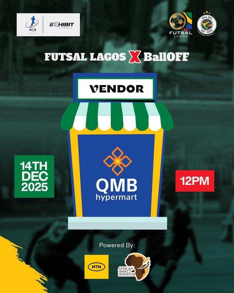 QMB MART‘s stall mounted for your munchies at FUTSAL LAGOS! ⚽️ 🍱
Don’t just feed your eyes with the game, feed your belly too! <a href="/QMBHypermart/">QMB Hypermart</a> 
.
🗓️: December 14th, 2025 
🕔: 12:00 PM
📍: Whitesands School, Lekki, Lagos State.
.
Futsal Lagos is proudly brought to you by Ball OFF,