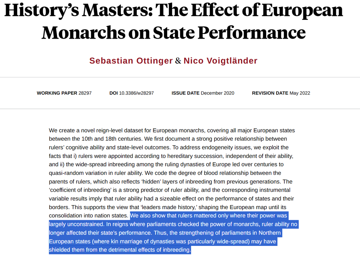 PhilWMagness's tweet image. Empirical evidence from the medieval &amp;amp; renaissance period shows that monarchies and similar government structures sought by Postliberals have terrible track records of state performance.

The countries that did better in this period tended to have constitutional or parliamentary