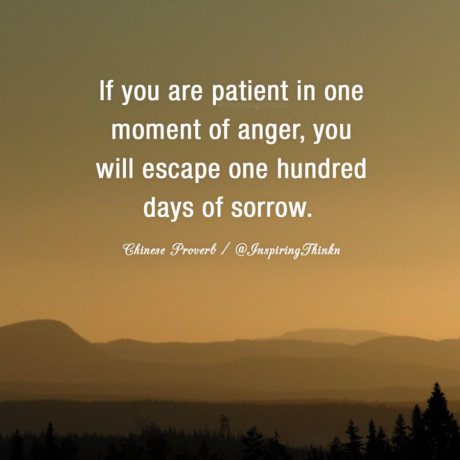 إذا تحليت بالصبر في لحظة غضب واحدة، فسوف تتجنب مئة يوم من الحزن ."

- مثل صيني