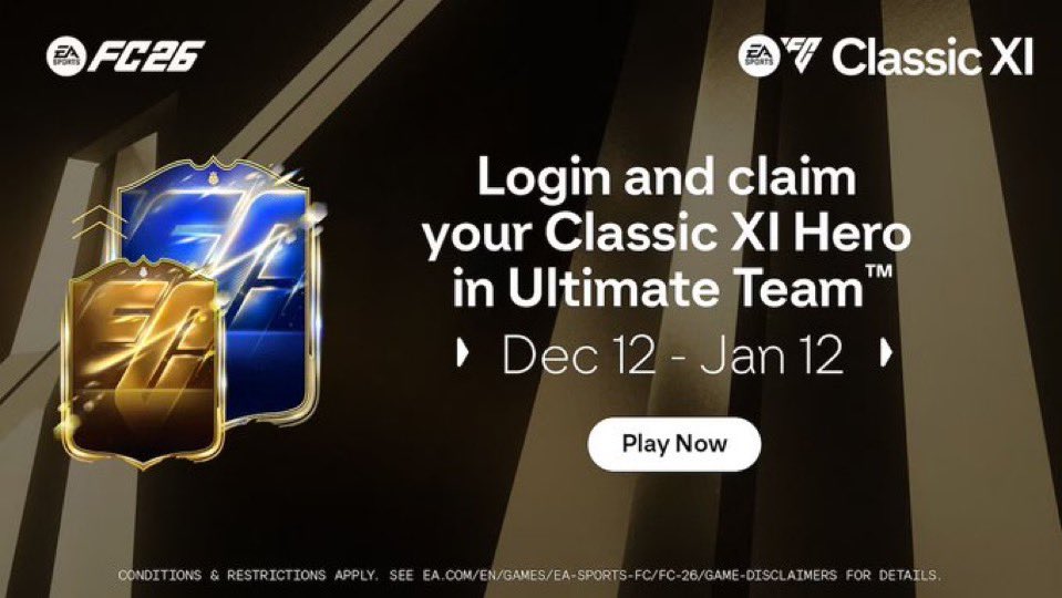 — خبر بطل أبطال TOTY Heroes اللي كنا نتوقعها صارت مجانية للكل 🤩🔥

يا جماعة فرصتكم تحصلون على بطاقة هيرو مجانية وهذه البطاقات هي النسخة الجديدة من TOTY Heroes!
شرط الحصول عليها بسيطة جداً:
 *  ادخل اللعبة والعب قبل تاريخ 12 يناير

 — البطاقة المجانية راح تحصل على ترقية ممتازة