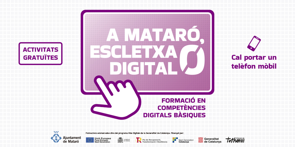 📲A #Mataró, escletxa digital 0👉Formació en competències digitals bàsiques

📌Cursos gratuïts per a tots els públics
▪️Ens movem pel món digital
▪️Ens endinsem en el món digital
▪️Ens protegim en el món digital

+info mataro.cat/sites/escletxa… Inscripcions #EspaiMataróConnecta 010