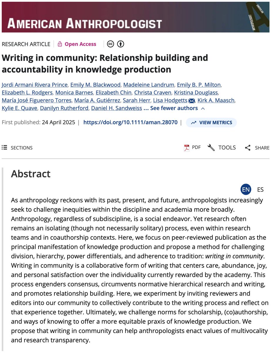 Next on our list of most-read articles published in 2025 is the multi-authored article "Writing in community: Relationship building and accountability in knowledge production." #OpenAccess #Anthropology

doi.org/10.1111/aman.2…