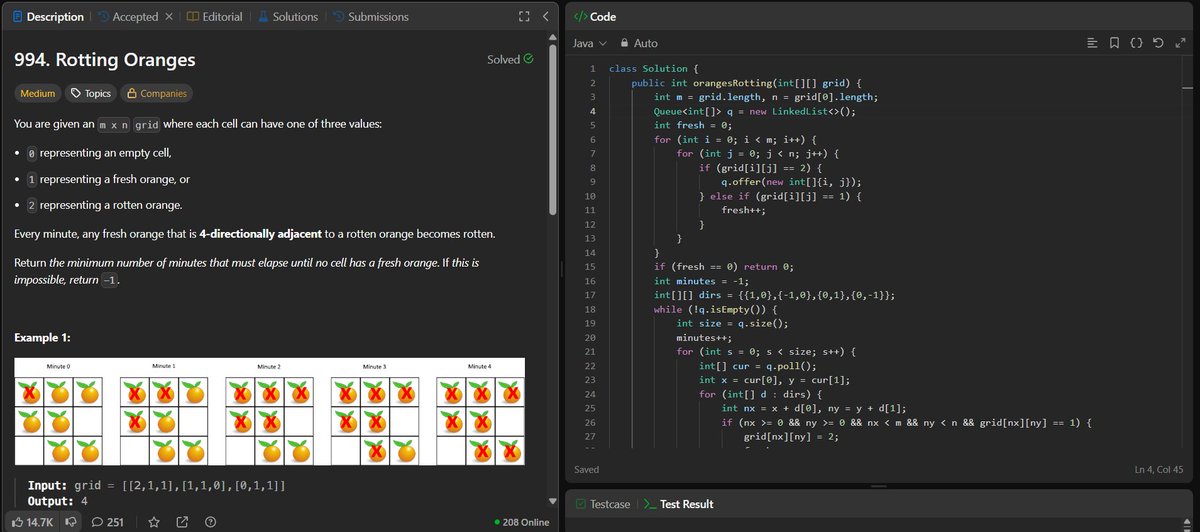 rituu_09's tweet image. Day 346 of 2025:                 
👩‍💻 Code to Crack Companies!                 
▫️Rotting Oranges 
#placementprep #2025Goals #leetcode #letsconnect