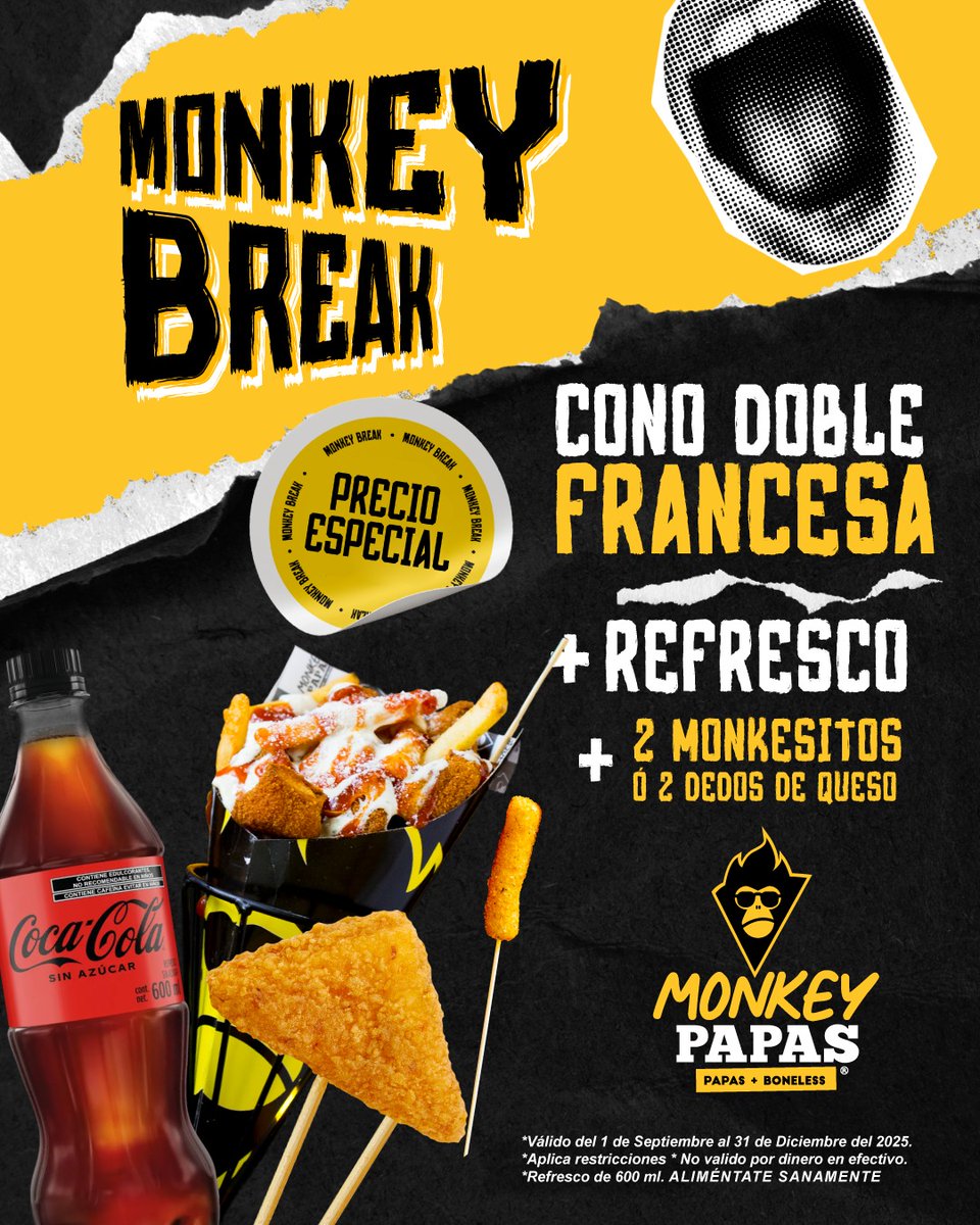 ¡Hey! Tómate un respiro bien changón 💥
En Monkey Papas tenemos la promo perfecta para que disfrutes un break con todo el sabor que te encanta. 🍟🍗✨
¿Qué esperas para darte un gustito? 🤤
#MonkeyBreak