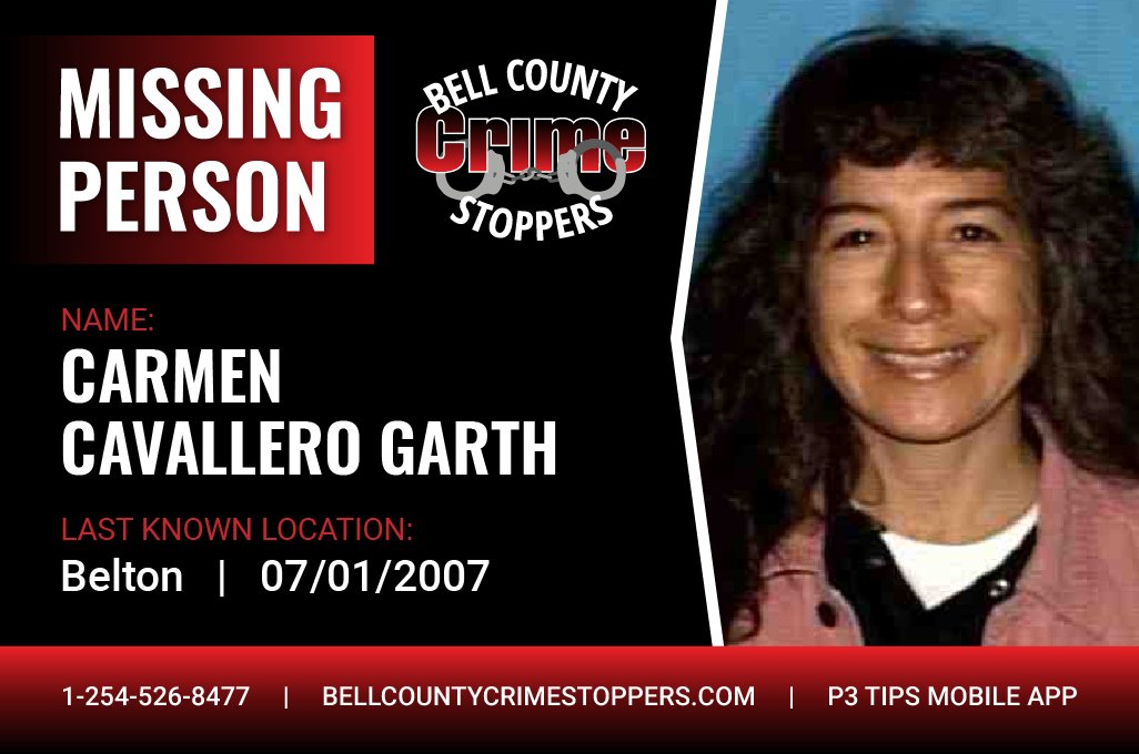 BellTXCrimeStop's tweet photo. Carmen Cavallero Garth was last seen in Belton on 07/01/2007. Read more about her case and submit tips anonymously if you have any information:
https://t.co/ltgjJFz4Jb https://t.co/mApzhQILYf