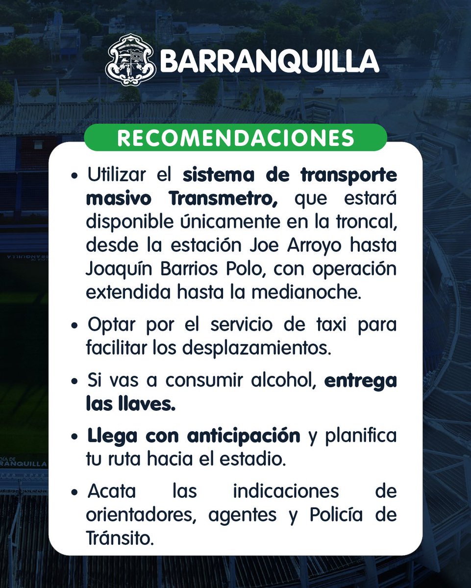 Ten en cuenta estas medidas y recomendaciones para que tu movilidad al Metropolitano sea más segura, este viernes 12 de diciembre, en el primer partido de la final entre Junior y Tolima.👇

¡Vivamos la pasión del fútbol con responsabilidad! Si vas a tomar, entrega las llaves.