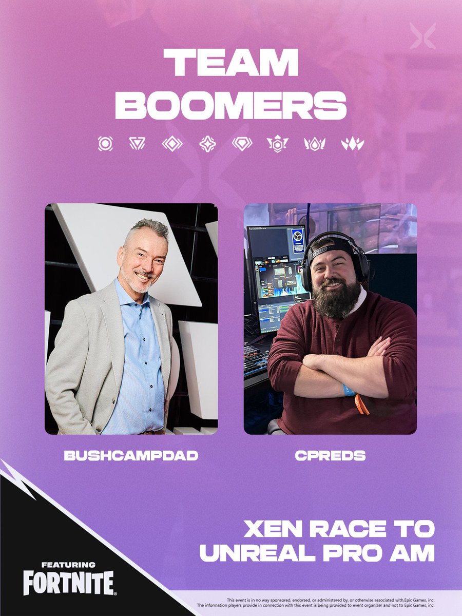 bushcampdad's tweet photo. #EpicPartner SUPER excited to announce @CPreds_ and I are representing TEAM BOOMERS 👴 in the @XenGGs $20,000 Race to Unreal!

NOT ENDING STREAM until we hit unreal! 🏆

The race will start 12/13 at 12pm EST 💪🏻 ZB Reload Duos!

@Fortnite https://t.co/uDDCo2pyYF