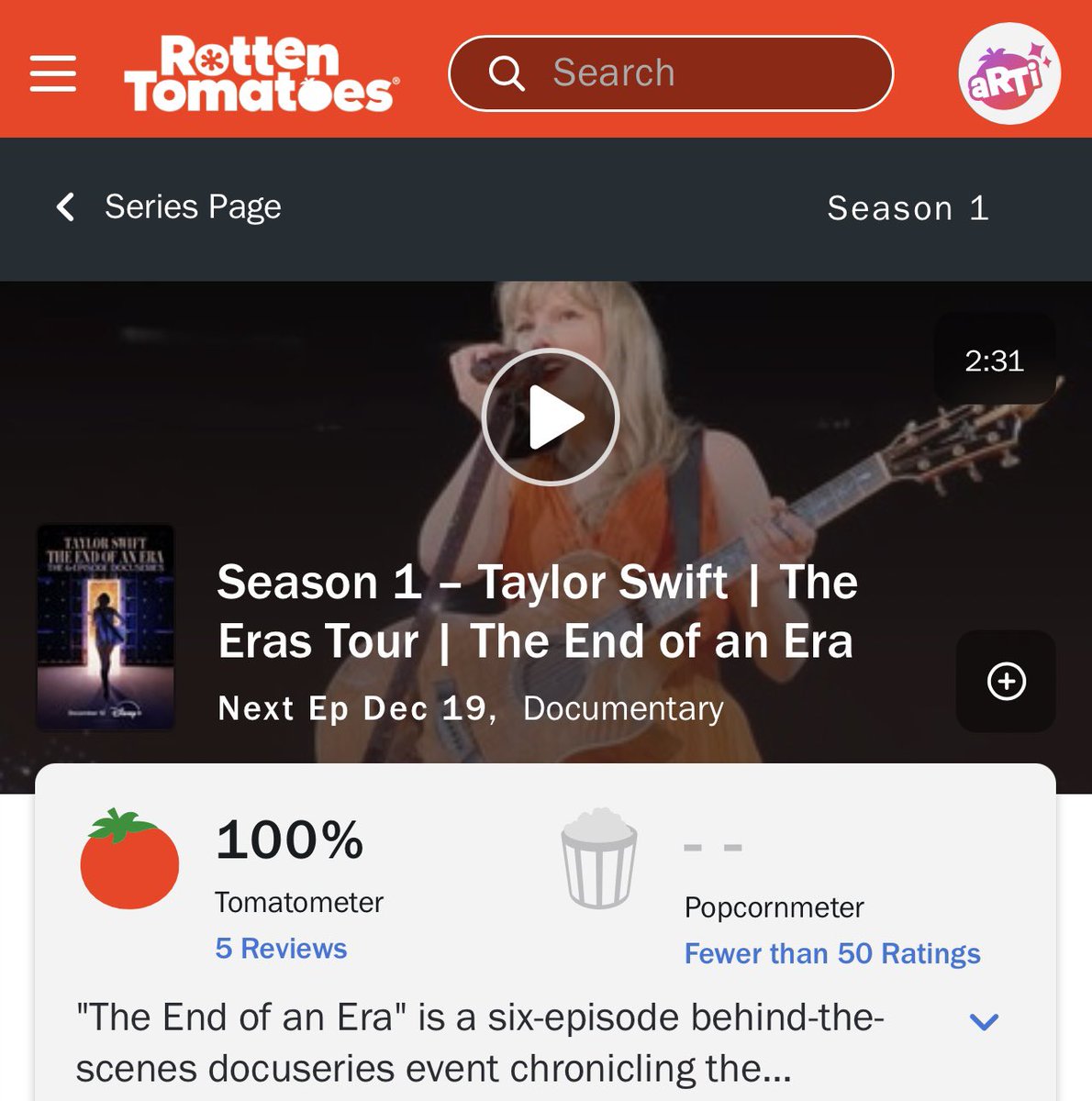 's tweet image. Taylor Swift’s ‘THE END OF AN ERA’ debuts at 100% on Rotten Tomatoes.

The first two episodes are now streaming on Disney+.