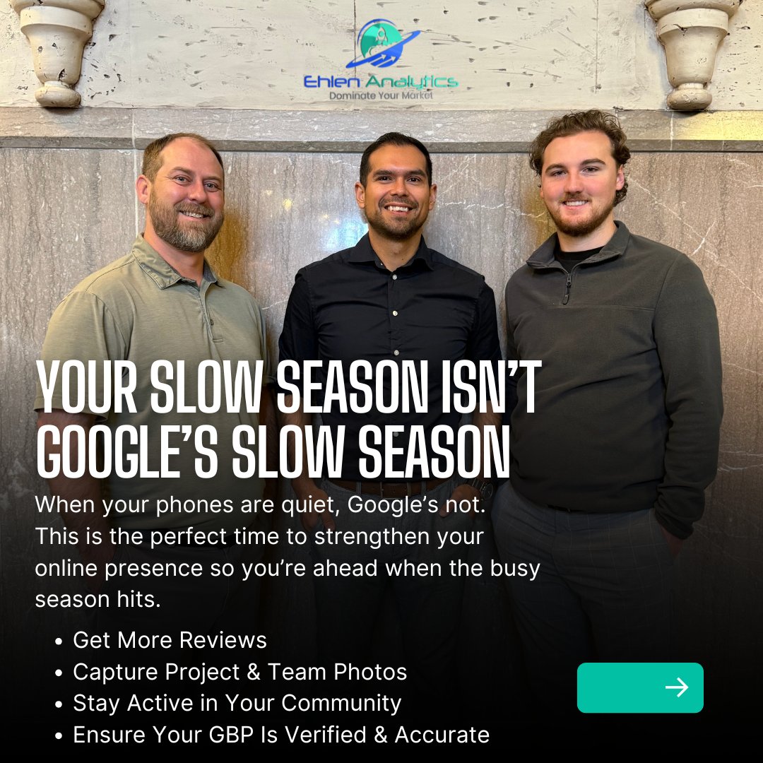 ehlen_analytics's tweet photo. Business slows down, but your online presence shouldn’t! 🚀

⭐️ Gather reviews
📸 Capture project photos
🤝 Stay active in the community
📍 Verify &amp; optimize your GBP

Do the work now, reap the rewards later! 

#LocalSEO #ContractorMarketing #OnlineReputationBusiness https://t.co/agXNrEIJBP