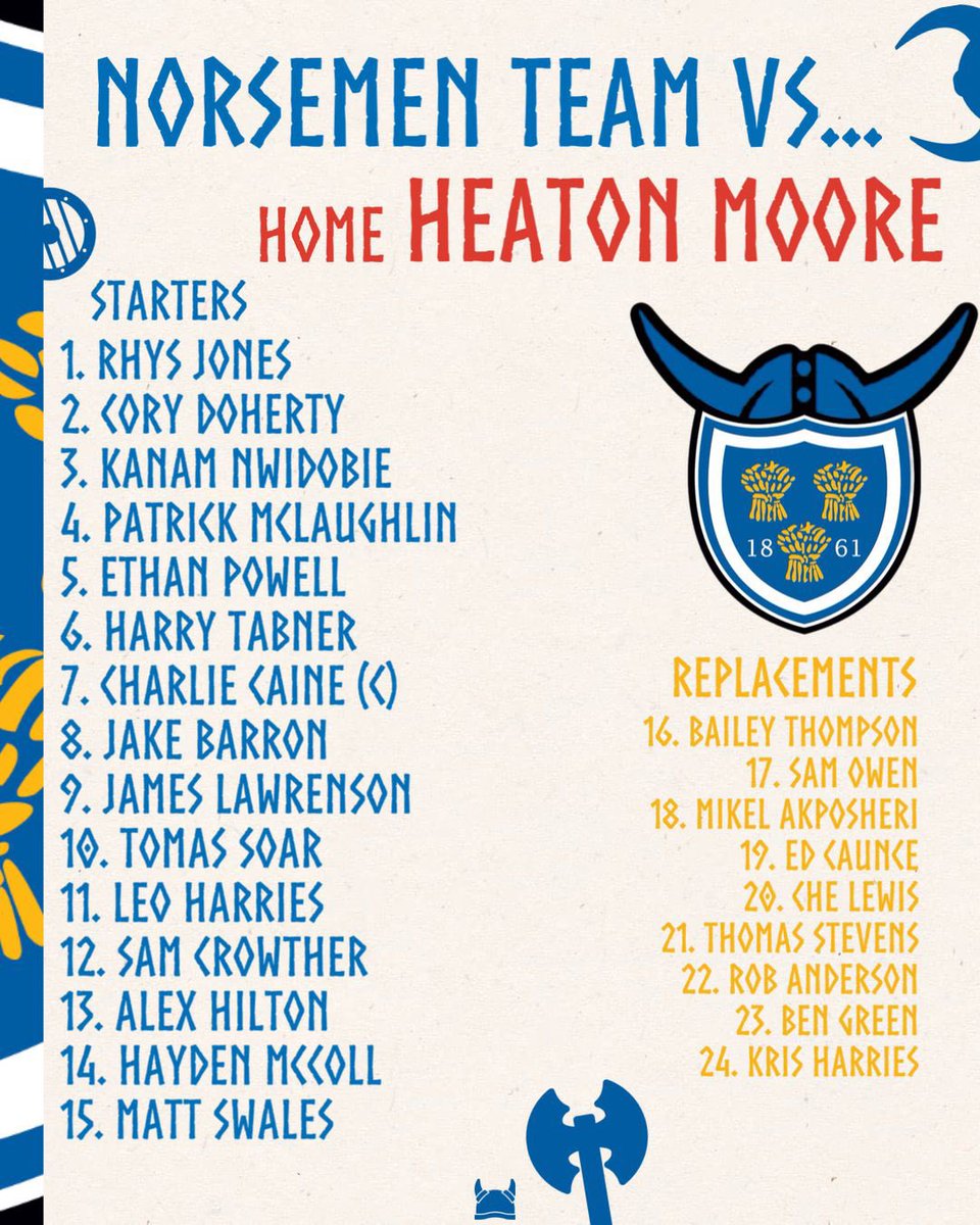 salefcvikings's tweet photo. Norsemen kick off at 1230, closely followed by Vikings at 1430. Both games will now be played at our Carrington ground M31 4AE. Please do come and support the lads if you can. PS happy birthday to Norsemen skipper Charlie Caine 🎂 https://t.co/CbJOUu7Bsl