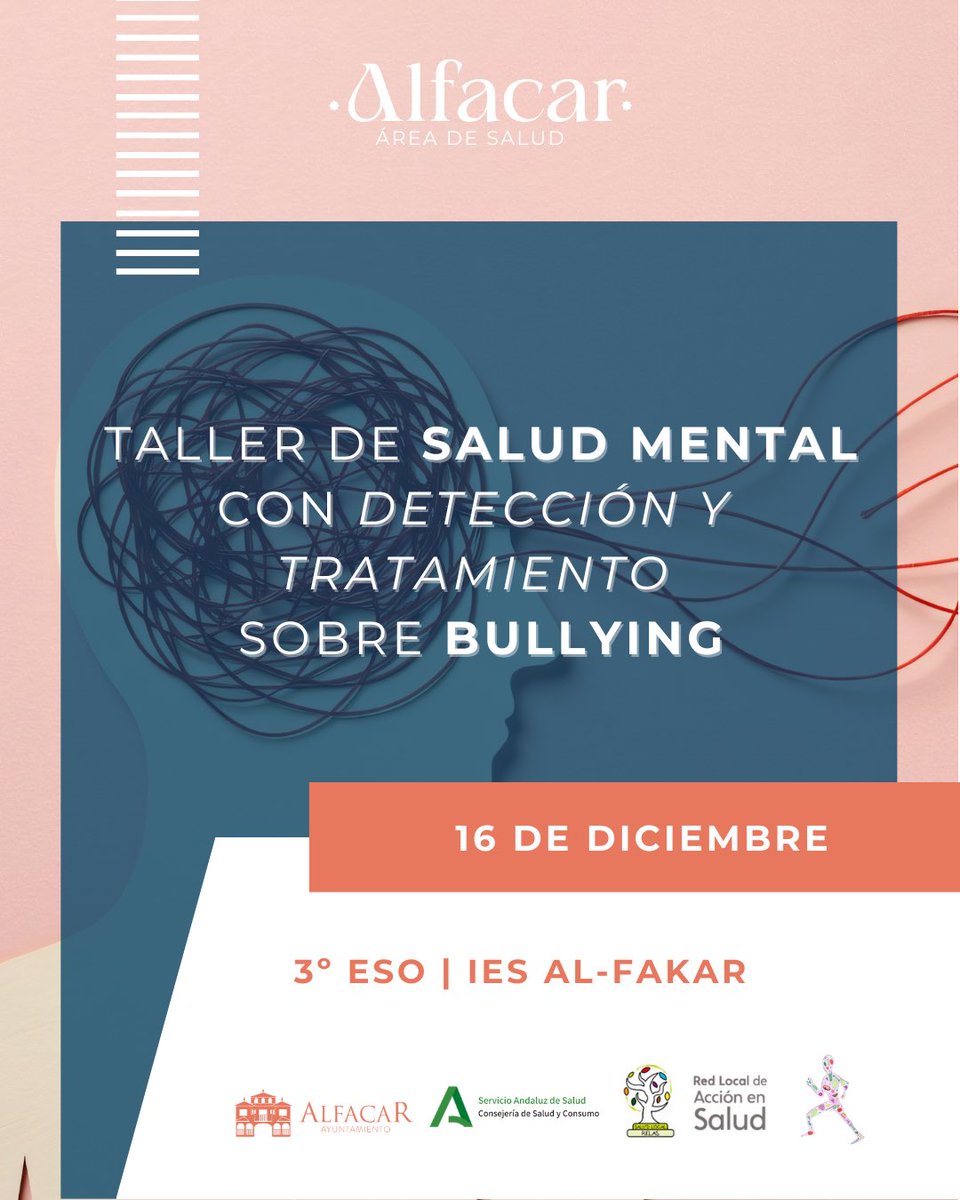 El Área de Salud del Ayuntamiento de Alfacar organiza el Taller de Salud Mental con detección y tratamiento sobre bullying, dirigido al alumnado de 3º de ESO del IES Al-Fakar.

📅 16 de diciembre

Una acción de prevención y sensibilización en el ámbito educativo