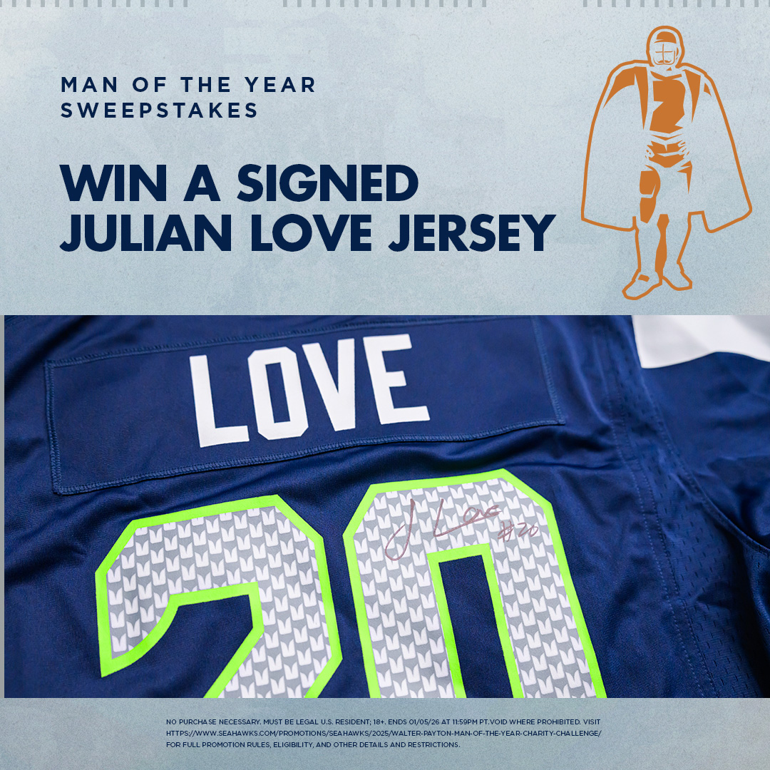 Seahawks's tweet image. GIVEAWAY ALERT 🚨 Win an autographed @_jlove20 jersey when you support our NFL Walter Payton Man of the Year club winner. 

Like, repost, and comment below with Julian Love +  #WPMOYChallenge to enter for your chance to win!

Sweepstakes | Full rules: shwks.com/6sqnwoe8
