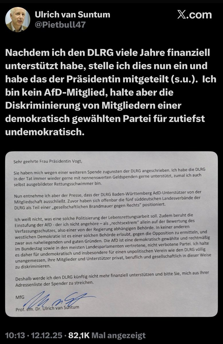 Richtig so!

Die DLRG hat sich dazu entschieden, AfD-Mitglieder auszuschließen.
Leben retten wird nun politisiert.

Ulrich van Suntum hat die <a href="/DLRG/">DLRG e.V.</a> viele Jahre finanziell unterstützt und stellt dies nun wegen dieser widerlichen Diskriminierung ein.

Nur so geht es.