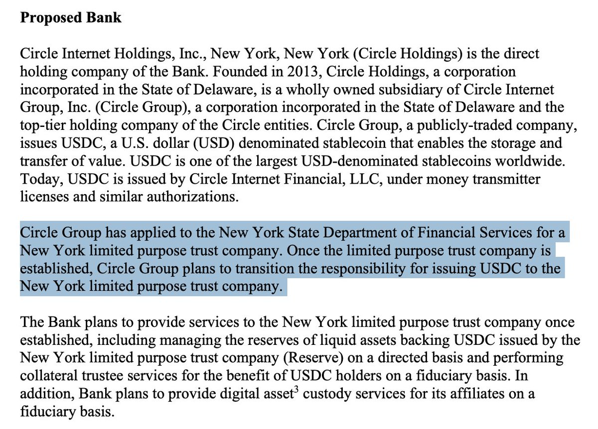 Some interesting takes from the Circle OCC conditional approval 1) The OCC  bank charter WILL NOT issue stablecoins. Instead it will be a reserve  manager for USDC reserves. 2) They intend to